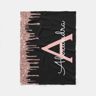 Rose Gold - Rosabrändröd Svart Glitter Monogram Na Fleecefilt