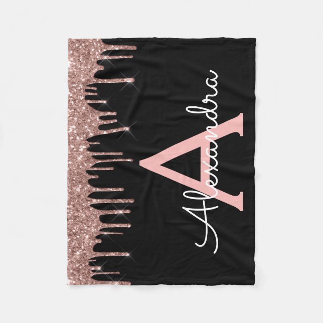 Rose Gold - Rosabrändröd Svart Glitter Monogram Na Fleecefilt (Framsidan)