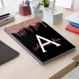 Rose Gold - Rosabrändröd Svart Glitter Monogramnam Anteckningsbok