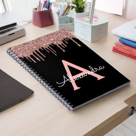 Rose Gold - Rosabrändrosa Svart Glitter Monogram N Anteckningsbok