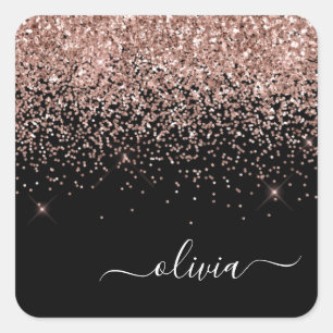 Rose Gold - Rosafärgad Svart Glitter Monogram Namn Fyrkantigt Klistermärke