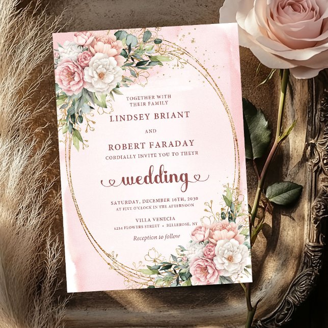Rose Gold Rosenskuggsbröllopsinbjudan Inbjudningar (Elegant Rose Gold Blush Floral Greenery Wedding Invitation

)