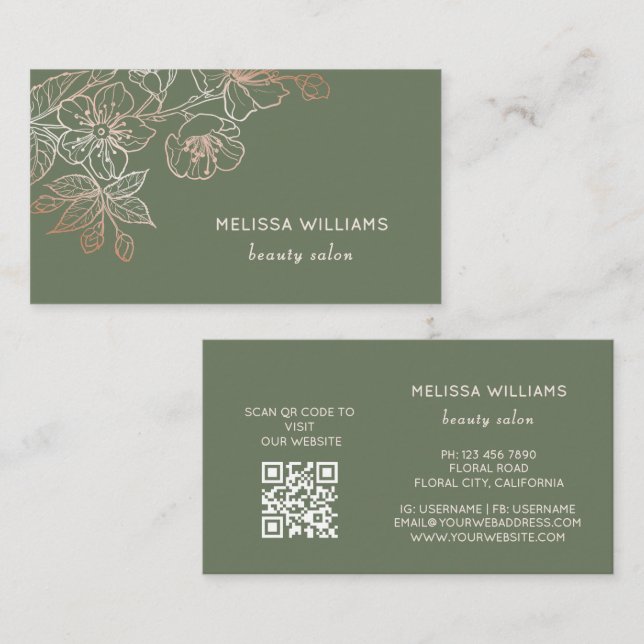 Rose Gold Sage Green Line Art Floral  | QR Code Visitkort (Fram/baksida)