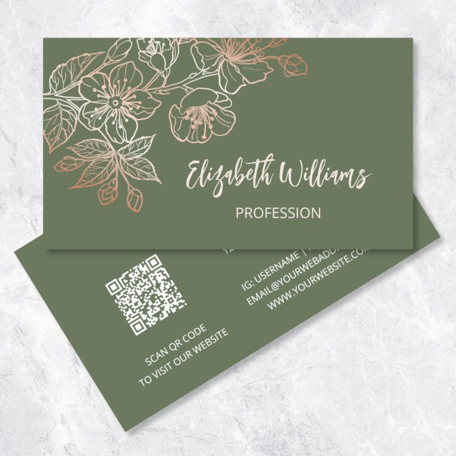 Rose Gold Sage Grön Linje Art Floral  | QR-kod Visitkort (Skapare uppladdad)