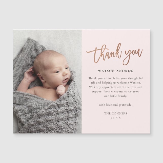 Rose Gold Script Baby Tack Magnetkort (Framsida)