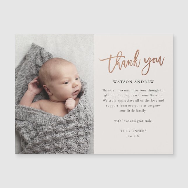 Rose Gold Script Baby Tacksamhets Magnetisk Kort (Framsida)