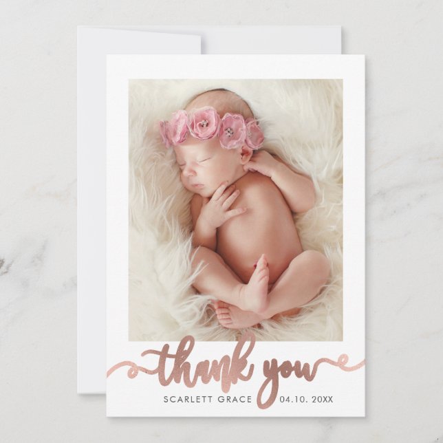 Rose Gold Script Modern Overlay text Baby Photo Tack Kort (Framsida)