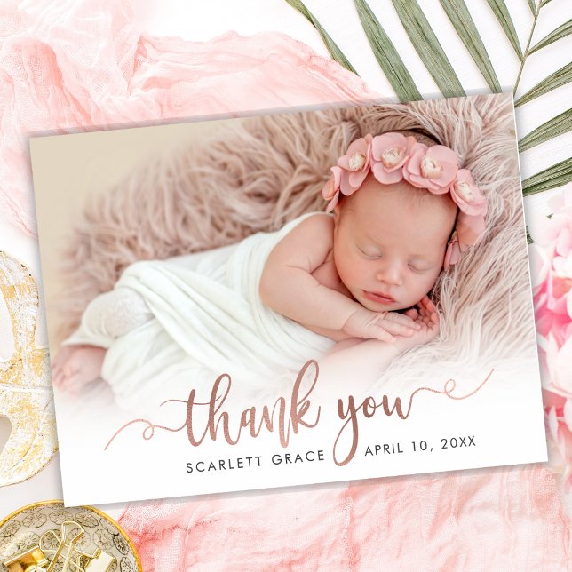 Rose Gold Script Newborn Baby Photo Tack Kort (Skapare uppladdad)