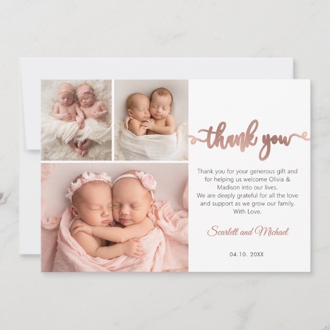 Rose Gold Script Tvillingflickor Babys 3 Foto Coll Tack Kort (Framsida)