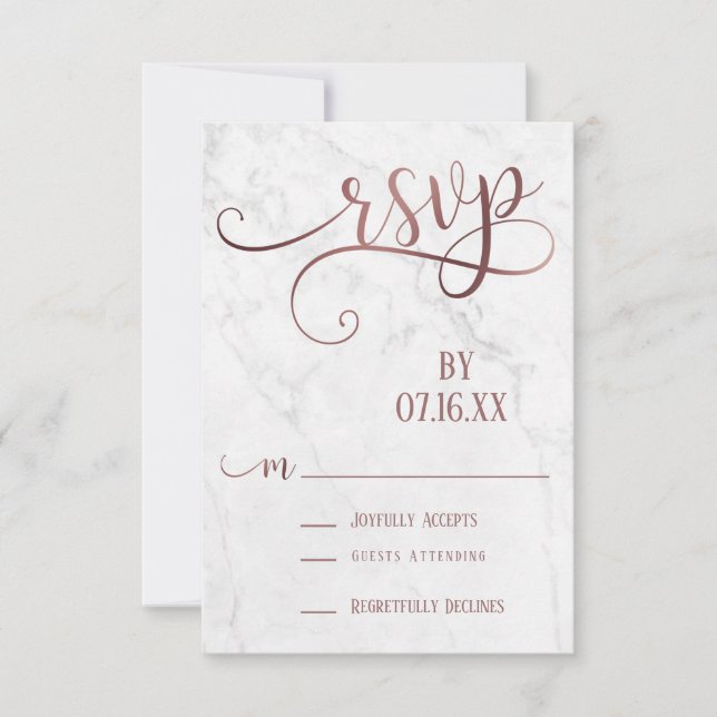 Rose Gold Script Typografi & Marmor RSVP OSA Kort (Framsida)