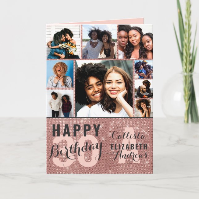 Rose Gold Sequin Photo Collage Happy Birthday Card Kort (Framsida)