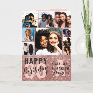 Rose Gold Sequin Photo Collage Happy Birthday Card Kort