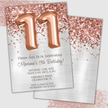 Rose Gold Silver 11-års födelsedagsfest inbjudan