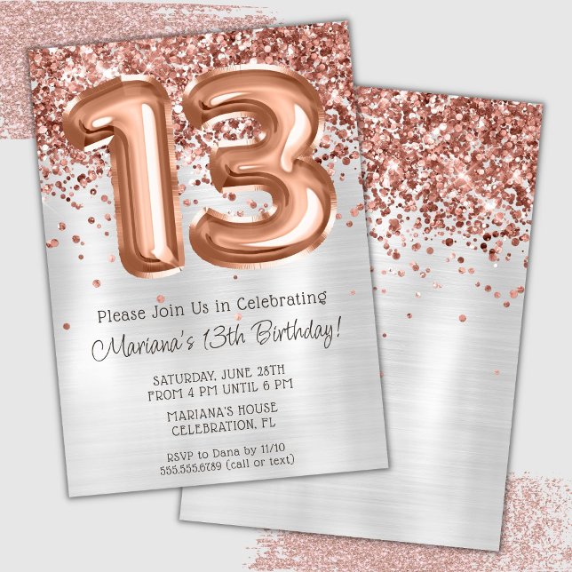 Rose Gold Silver 13-års födelsedagsfest inbjudan (Skapare uppladdad)