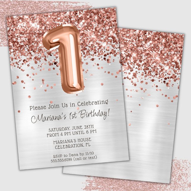 Rose Gold Silver 1-års födelsedagsfest inbjudan (Skapare uppladdad)