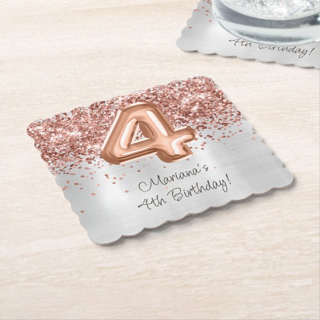 Rose Gold Silver 4-års födelsedagsfest Underlägg Papper (Vinklad)