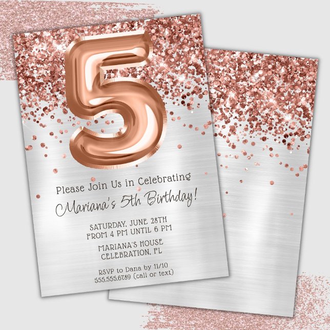 Rose Gold Silver 5-års födelsedagsfest inbjudan (Skapare uppladdad)