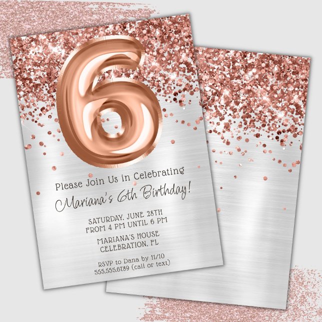 Rose Gold Silver 6-års födelsedagsfest inbjudan (Skapare uppladdad)