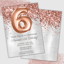 Rose Gold Silver 6-års födelsedagsfest inbjudan