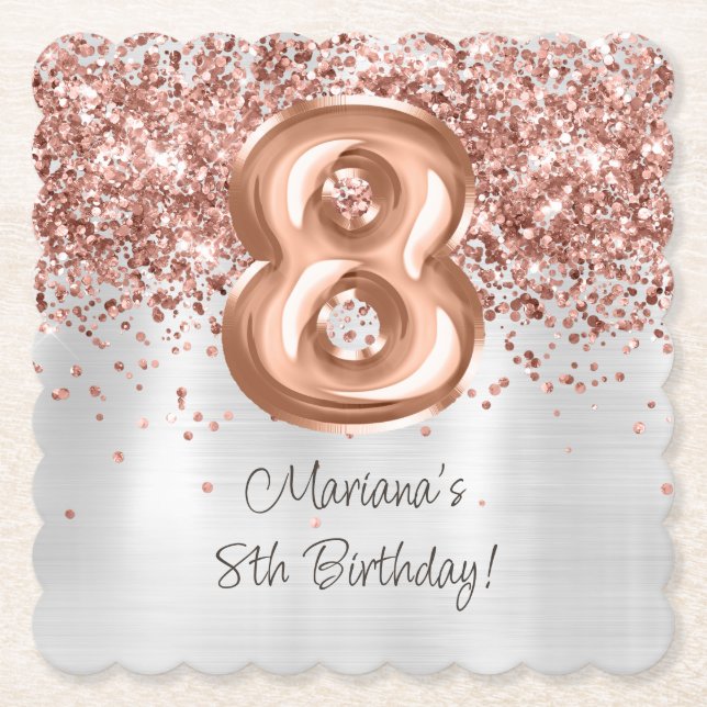 Rose Gold Silver 8-års födelsedagsfest Underlägg Papper (Framsida)