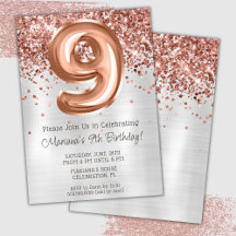 Rose Gold Silver 9-års födelsedagsfest inbjudan