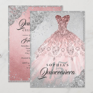 Rose Gold Silver Diamant Glitter Klänning Quincean Inbjudningar
