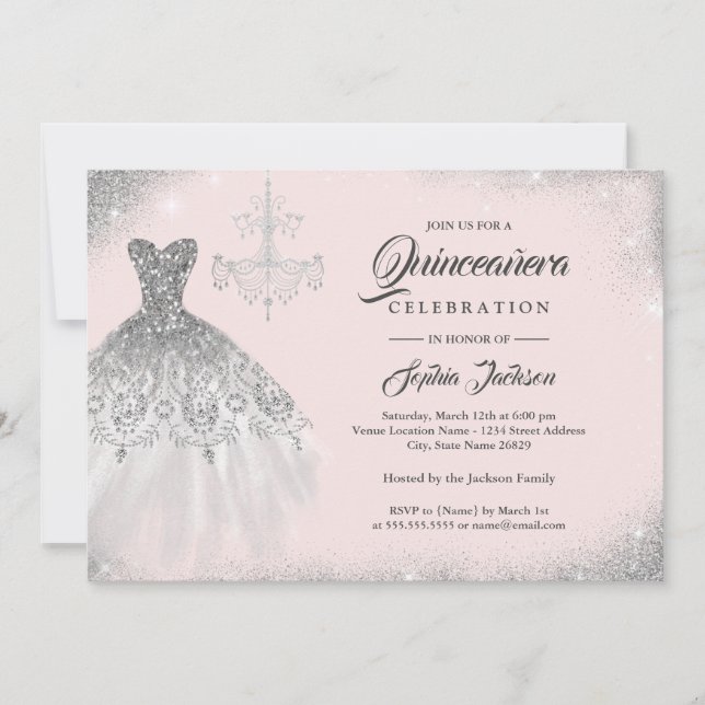 Rose Gold Silver Diamant Spets Klänning Quinceaner Inbjudningar (Framsida)