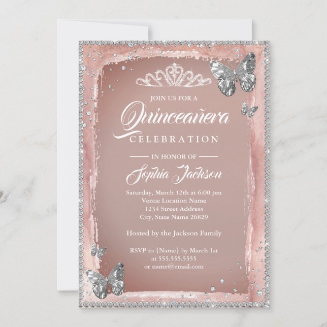 Rose Gold Silver Fjäril Glitter Quinceanera Inbjudningar (Framsida)