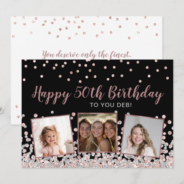 Rose Gold Silver Fotokollage 50-årsdag Kort (Fram/baksida)
