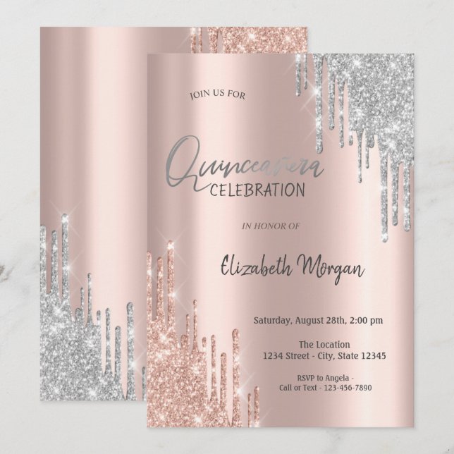 Rose Gold Silver Glitter Drips Quinceañera  Inbjudningar (Fram/baksida)