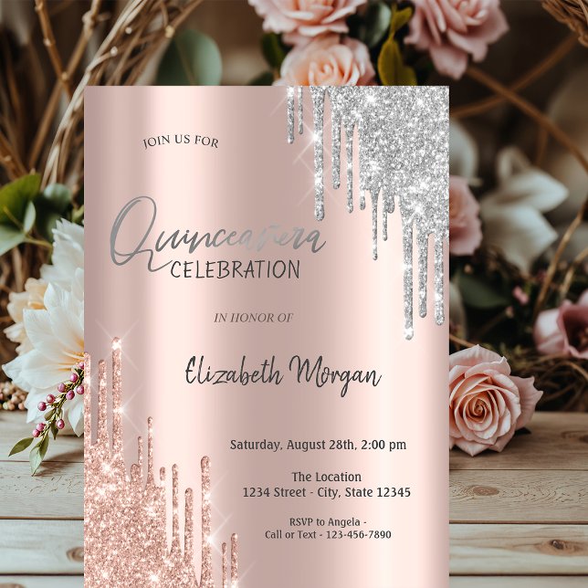 Rose Gold Silver Glitter Drips Quinceañera  Inbjudningar (Skapare uppladdad)