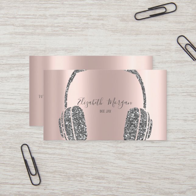 Rose Gold Silver Glitter Hörlurar DJ Visitkort (Fram/Back In Situ)