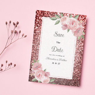 Rose gold silver glitter pink floral Save The Date Inbjudningar