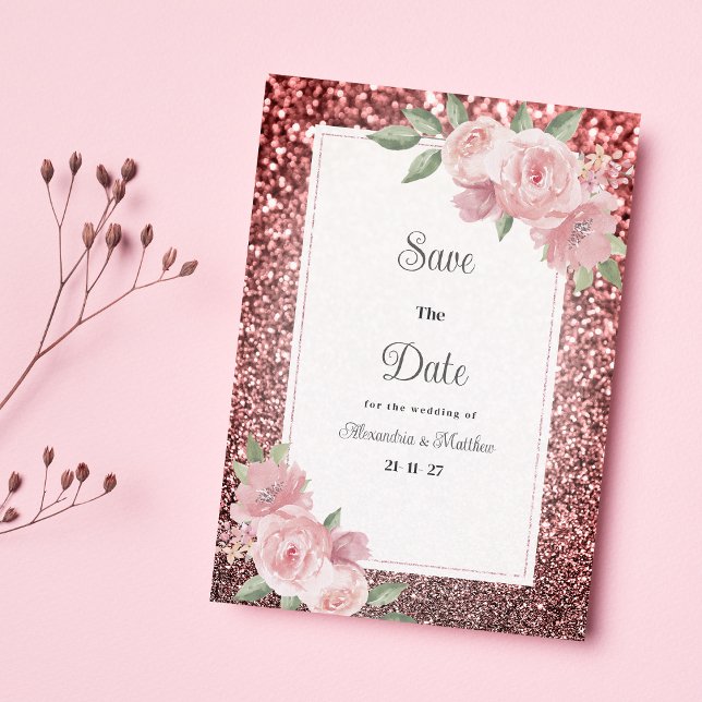 Rose gold silver glitter pink floral Save The Date Inbjudningar (Rose gold silver glitter pink floral Save The Date )