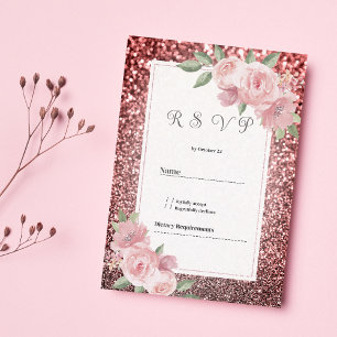 Rose gold silver glitter rosa blommande RSVP Inbjudningar