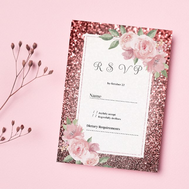 Rose gold silver glitter rosa blommande RSVP  Inbjudningar (Rose gold silver glitter pink floral RSVP )