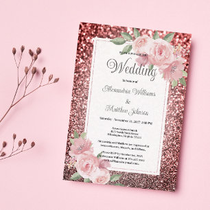Rose gold silver glitter rosa blomster Bröllop Inbjudningar