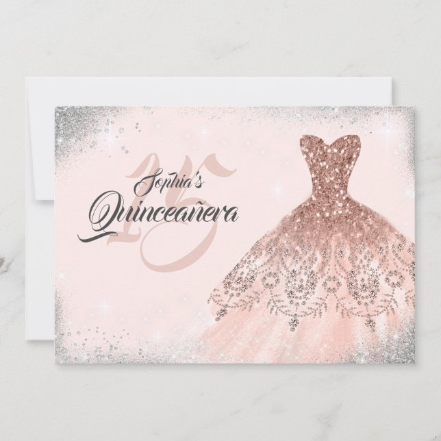 Rose Gold Silver Glitter Slöjd Klänning Quinceaner Inbjudningar (Framsida)