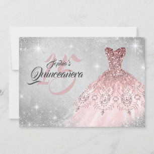 Rose Gold Silver Spets Diamant Klänning Quinceaner Inbjudningar