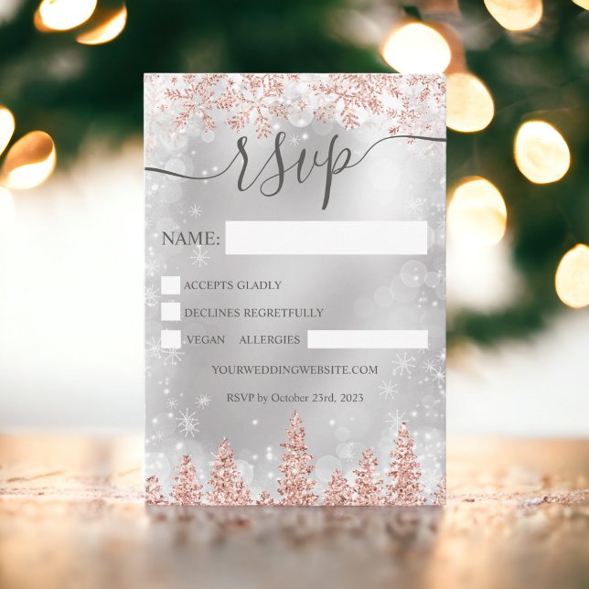 Rose gold snö tall navy jul vinter rsvp inbjudningar (Rose gold snow pine navy Christmas winter rsvp Invitation)