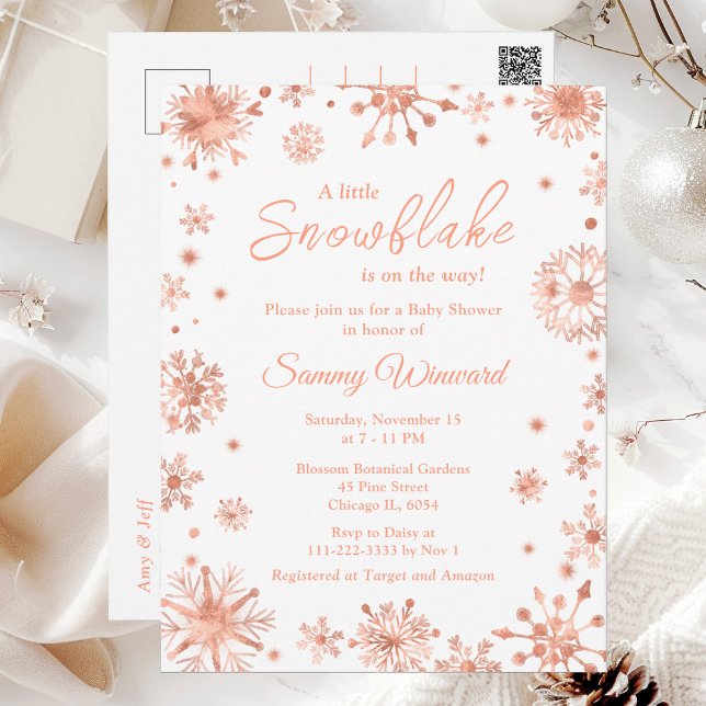 Rose Gold Snöflingor Vinter Bebis Bjudning Vykort (Skapare uppladdad)
