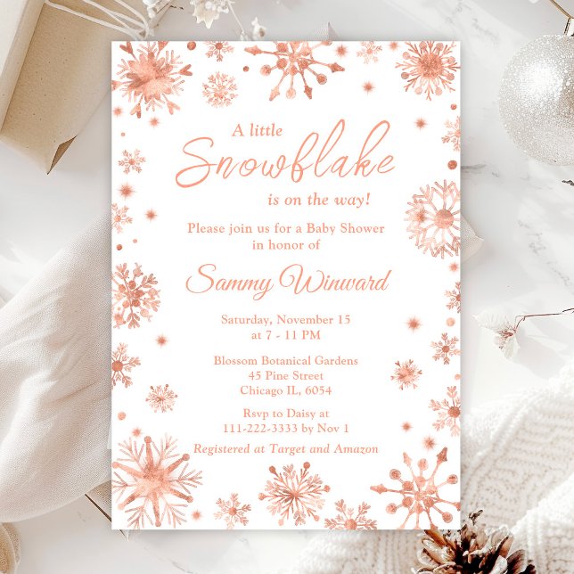 Rose Gold Snöflingor Vinter Bebis Shower Inbjudningar (Skapare uppladdad)