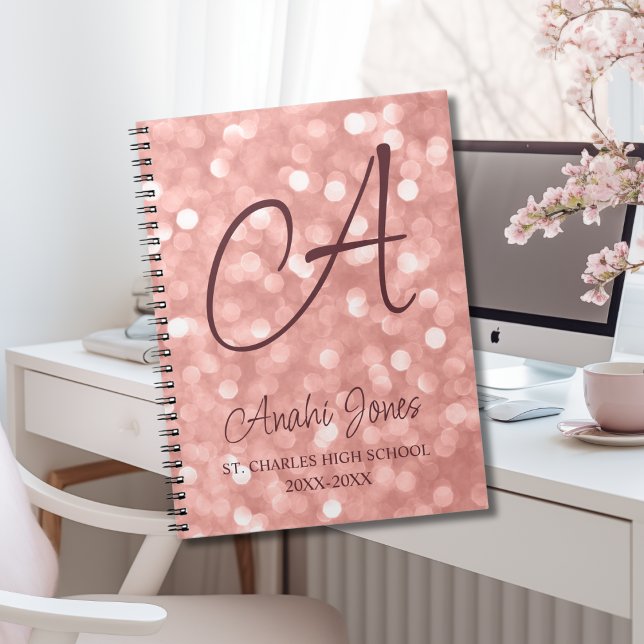 Rose Gold Sparkles Monogram Academic Year School Anteckningsbok (Skapare uppladdad)