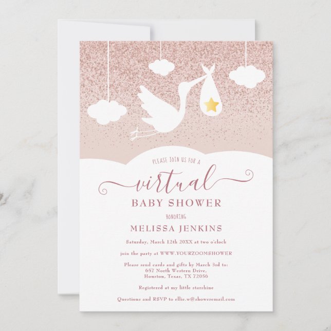 Rose Gold Star Stork Glitter Virtuell Baby Shower Inbjudningar (Framsida)