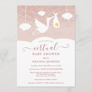 Rose Gold Star Stork Glitter Virtuell Baby Shower Inbjudningar