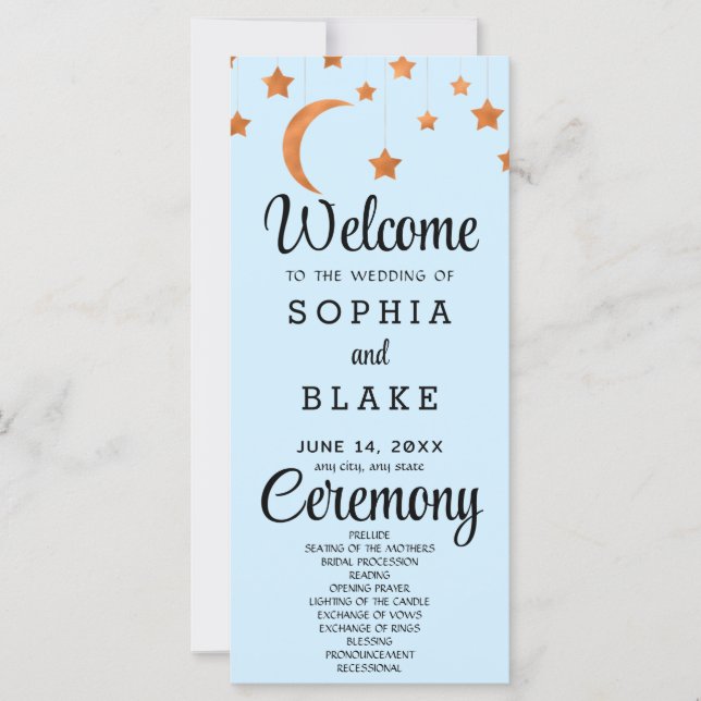 Rose Gold Stars Crescent Moon Blue Wedding Program (Framsida)