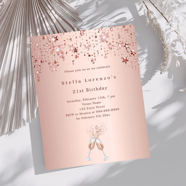 Rose gold stjärnor födelsedagsinbjudan med champag (Skapare uppladdad)
