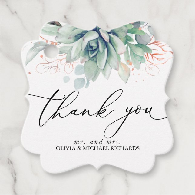 Rose Gold Sukkulenter Greenery Bröllop Tack Gåvor Etiketter (Framsida)