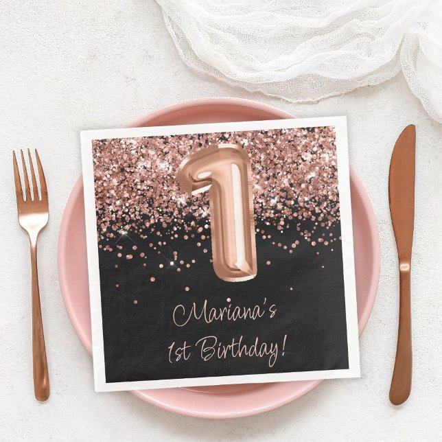 Rose Gold Svart 1-års födelsedagsfest Pappersservett (Skapare uppladdad)