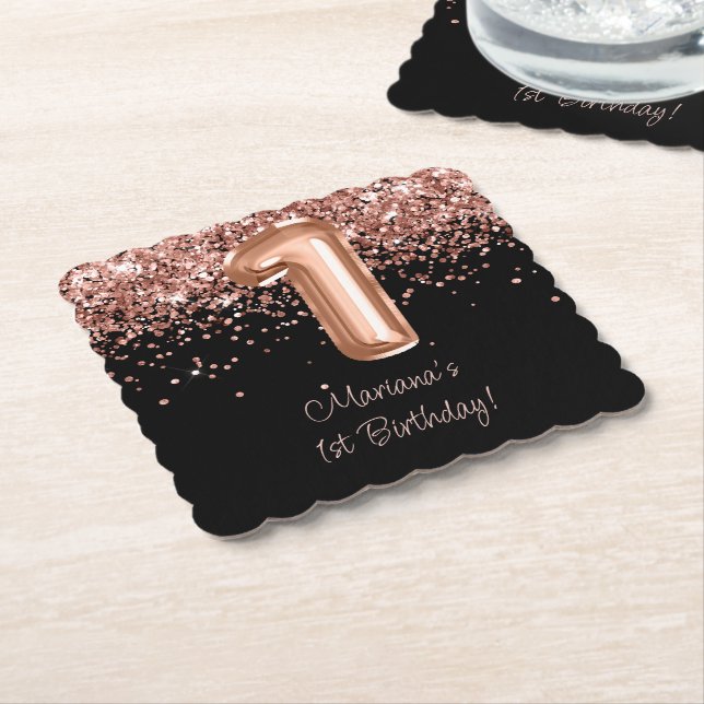 Rose Gold Svart 1-års födelsedagsfest Underlägg Papper (Vinklad)